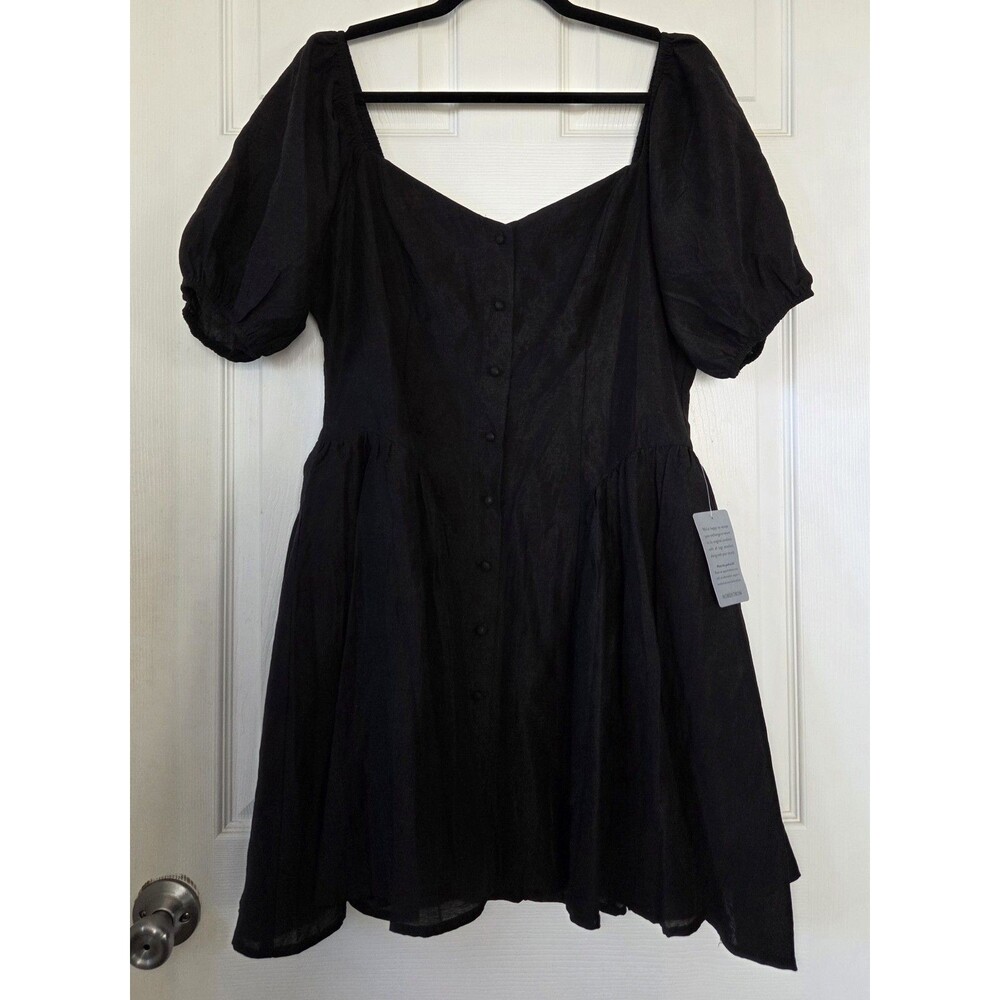 LUSH Women's Black Button Front Dress Short Puff Sleeves Whimsy Goth Size XL NWT